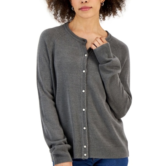 Karen Scott Women's Pearlized Button Crewneck Cardigan Sweater Heather Gray NWT - Picture 2 of 11